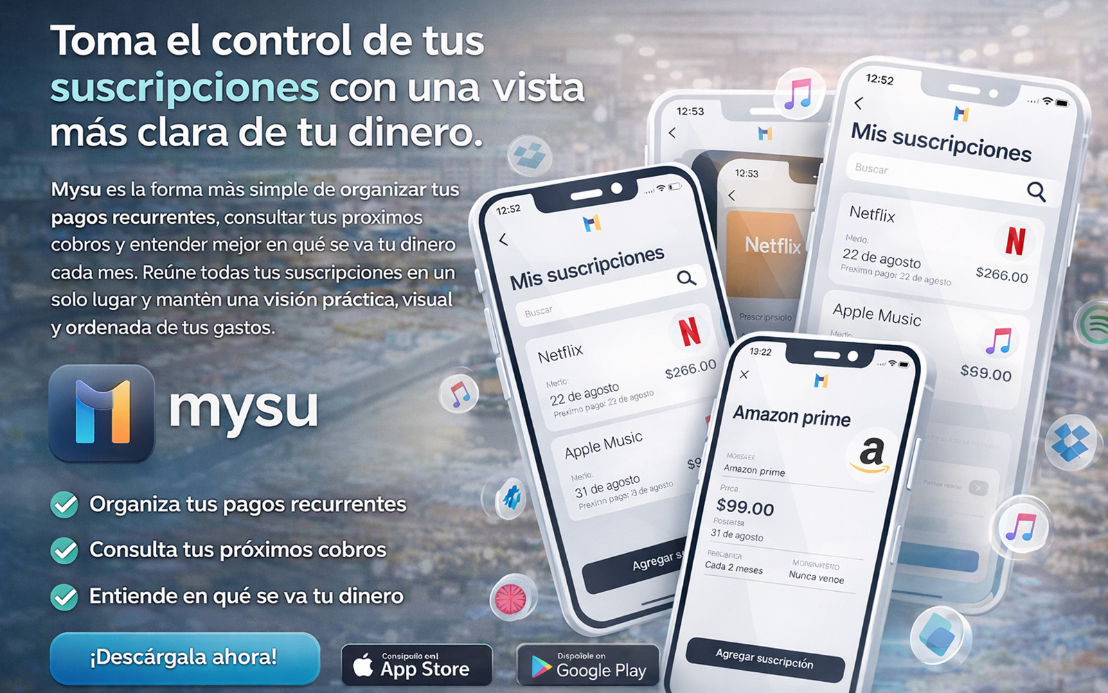 Pantallas de Mysu para gestionar suscripciones