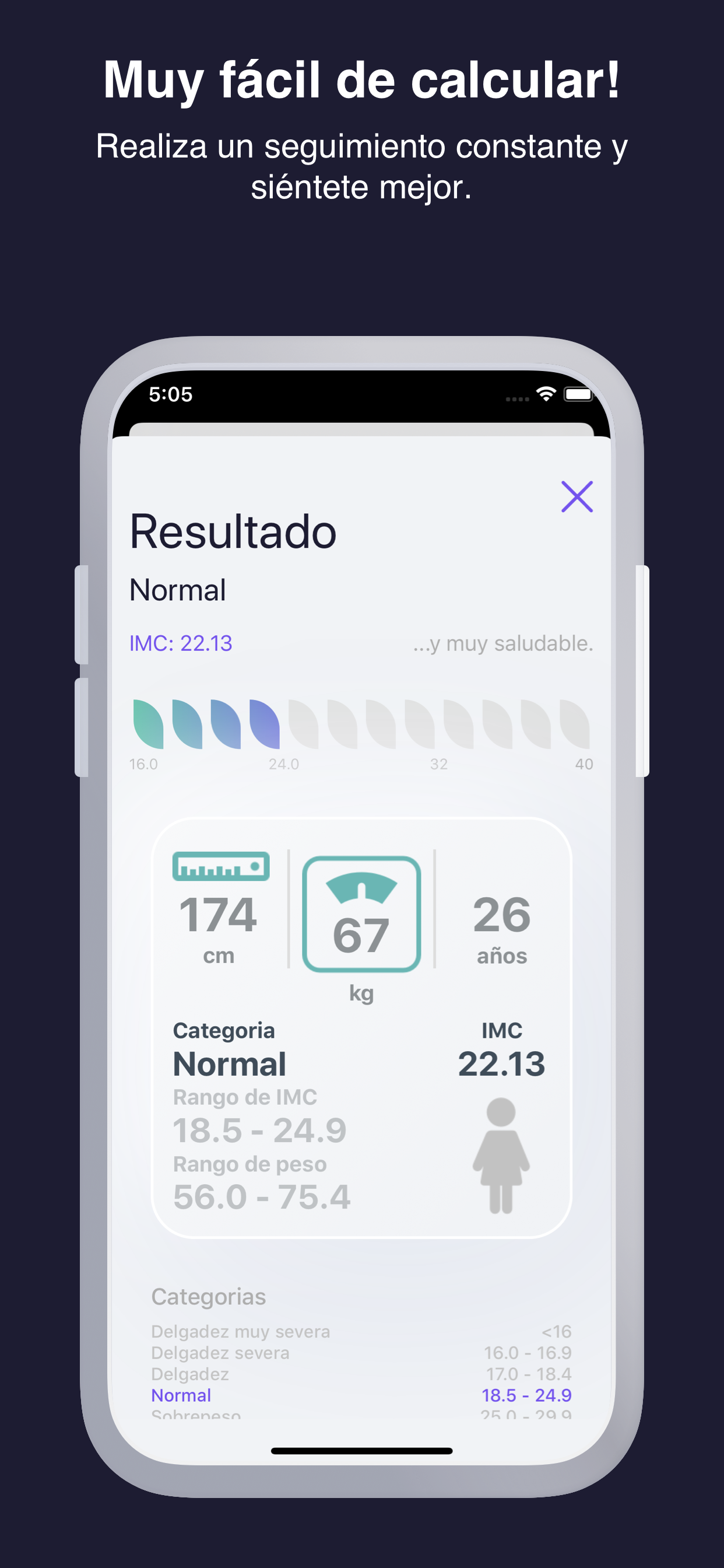 Pantalla de resultados de IMC Assistant